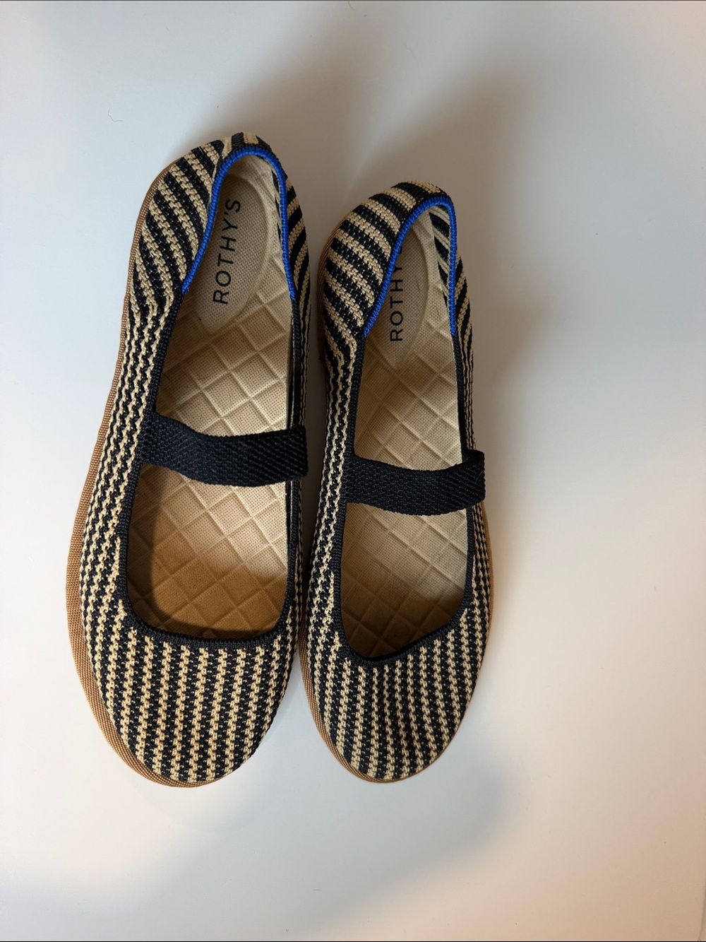 Rothy's Black and Cream Striped Mary Jane Flats with Blue Trim